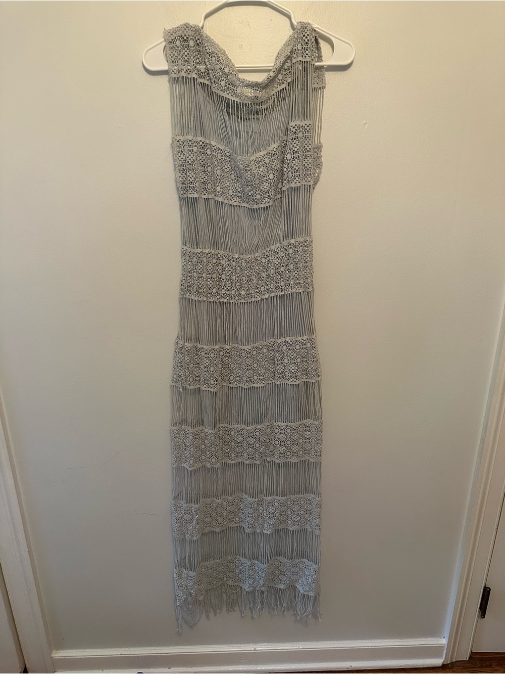 Anthropologie Callahan Light Blue Crochet Lace Fringe Tiered Maxi Dress XS